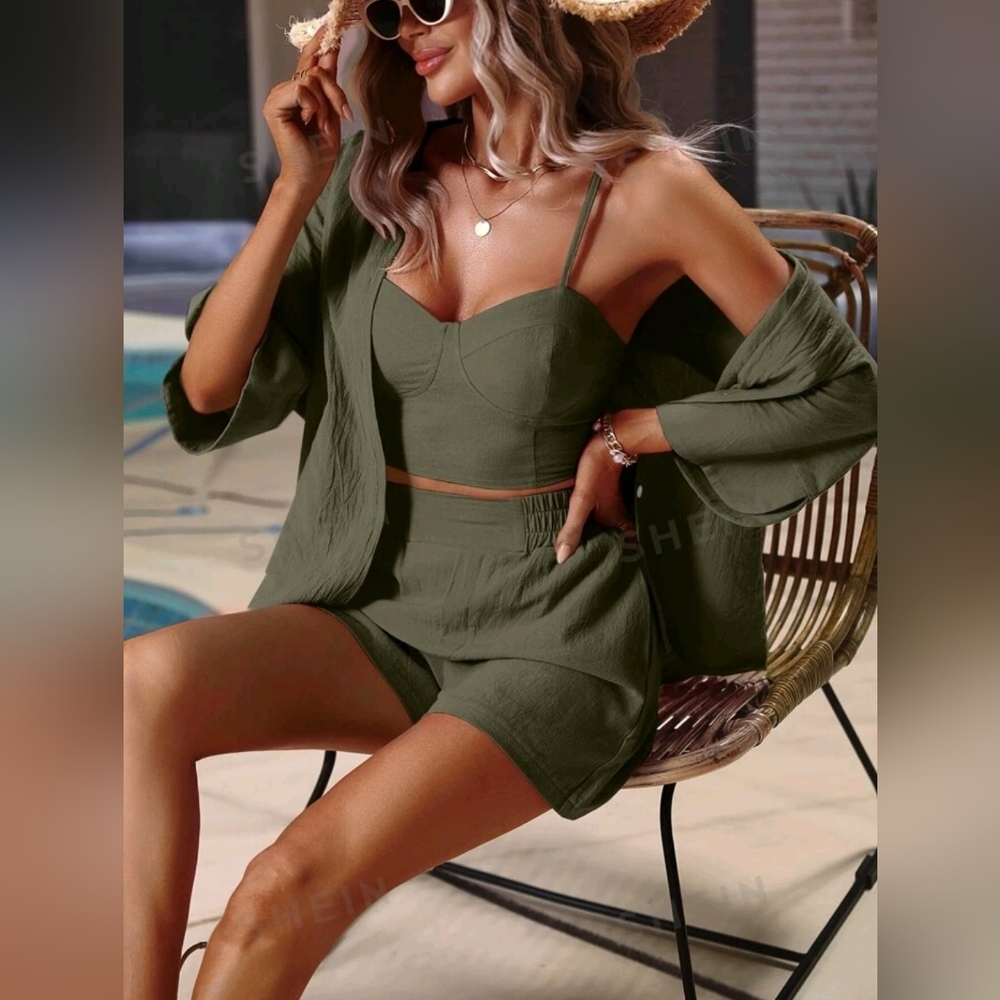 Solid cami top, shorts, and open blouse